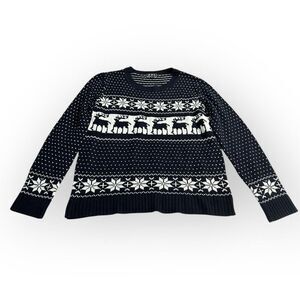 POL Sweater Women's Medium Navy Blue White Knit Pullover Long Sleeve Christmas